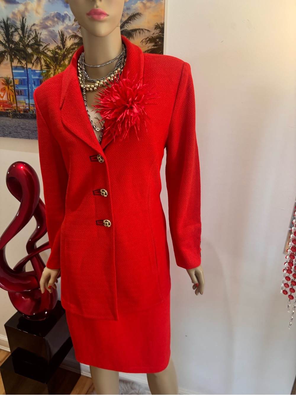 St. John Vibrant Red Orange Tailored skirt suit tweed set 14 L embellished poppy - Picture 3 of 5